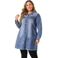 thumbnail image 4 of Women's Plus Size Jeans Jackets Long Sleeve Raw Hem Long Denim Jacket Blue 2X, 4 of 7