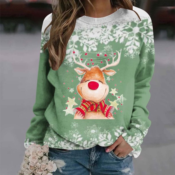 Pntutb Mujeres Otoño e Invierno Casual Navidad Elk Impreso Cuello Redondo Manga Larga Jersey Blusa Sudadera tops Pntutb Pntutb-425