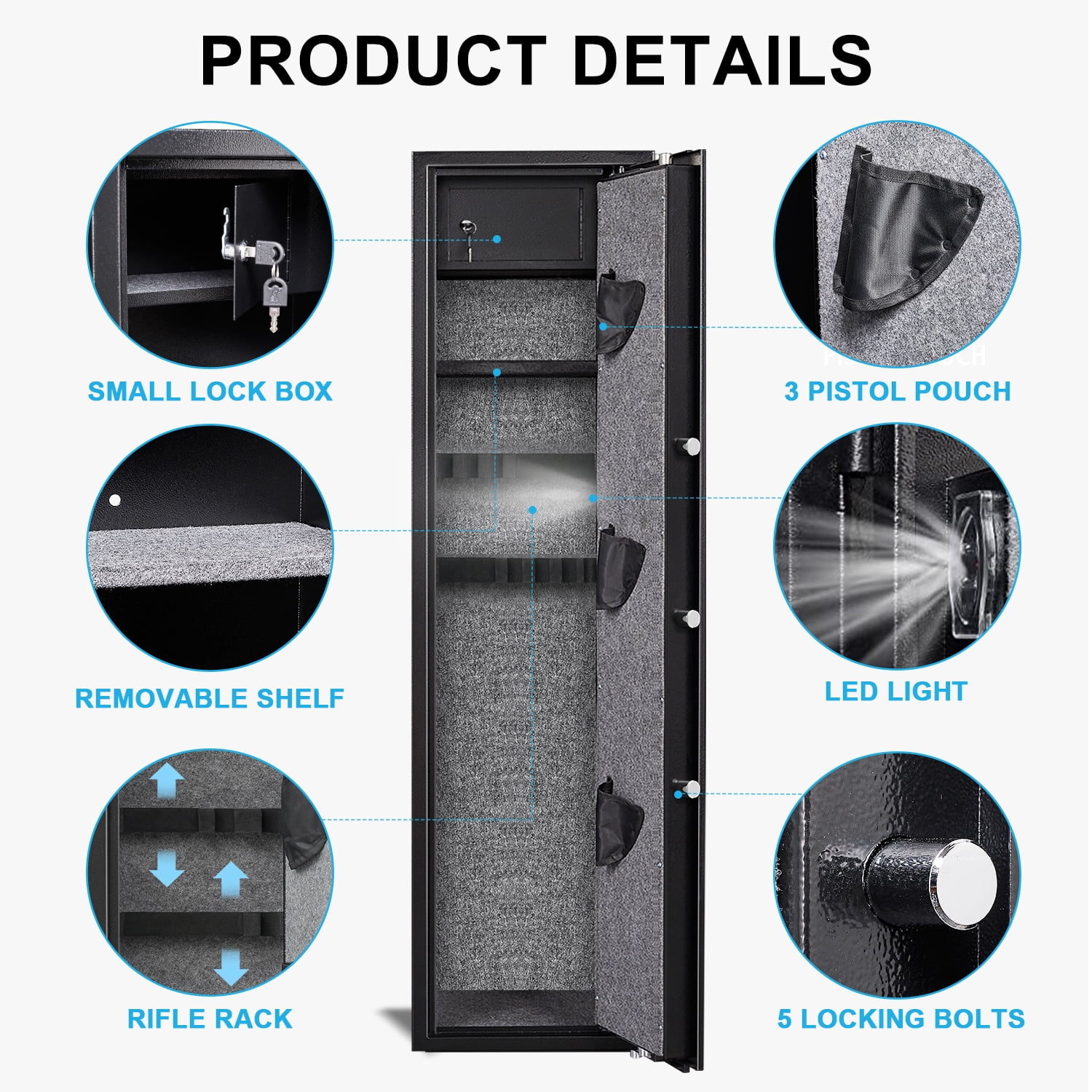 Kavey 5-6 Gun Safe, Fingerprint Gun Safe with Inner Cabinet, Long Gun Safe with Adjustable Shelf & Pistol Bag, Gun Cabinet for Shotguns with Dual Alarm System & Mute Mode