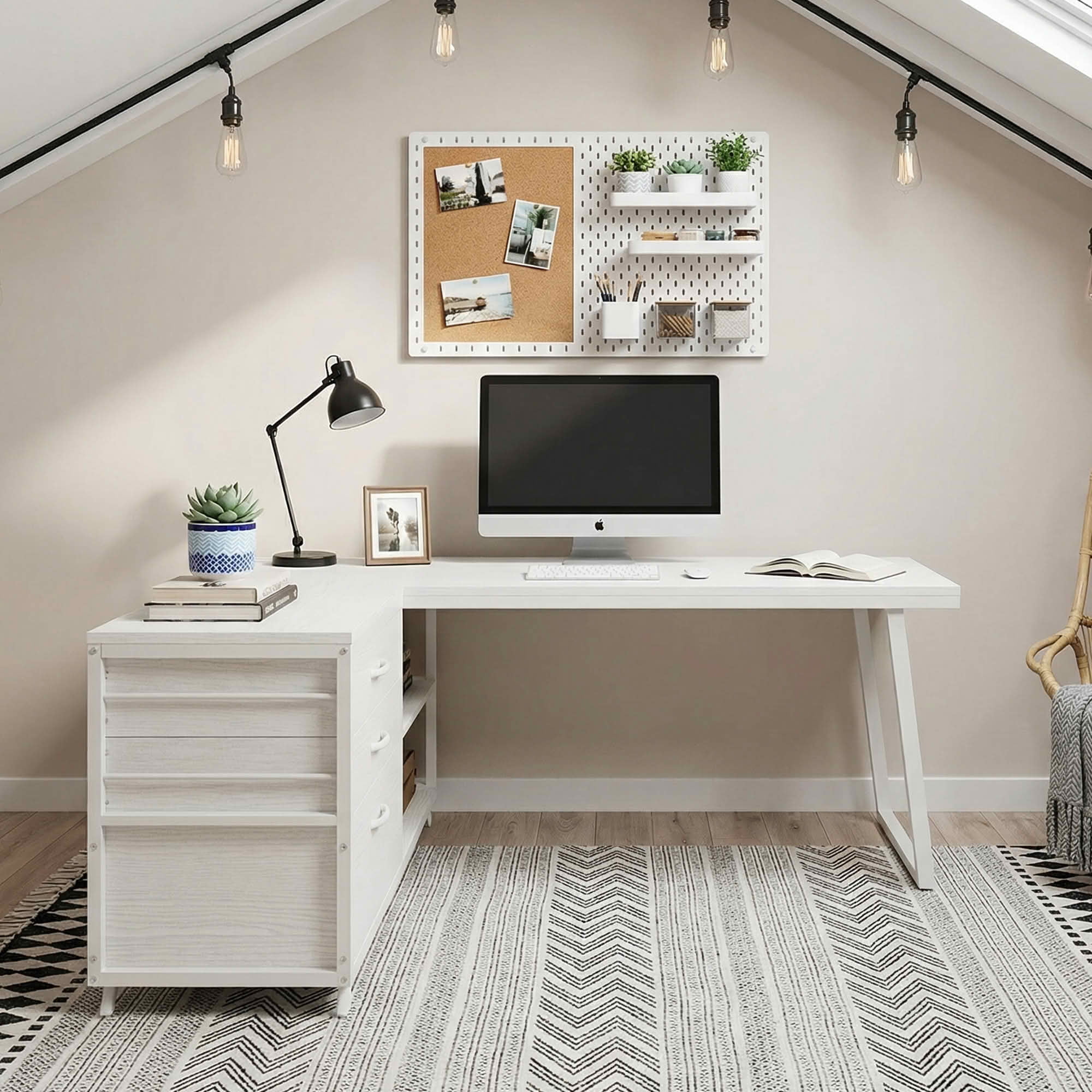 MAYEERTY Reversible L-Shaped Desk with 3 Drawers & Open Shelves, Rustic Home Office Computer Desk