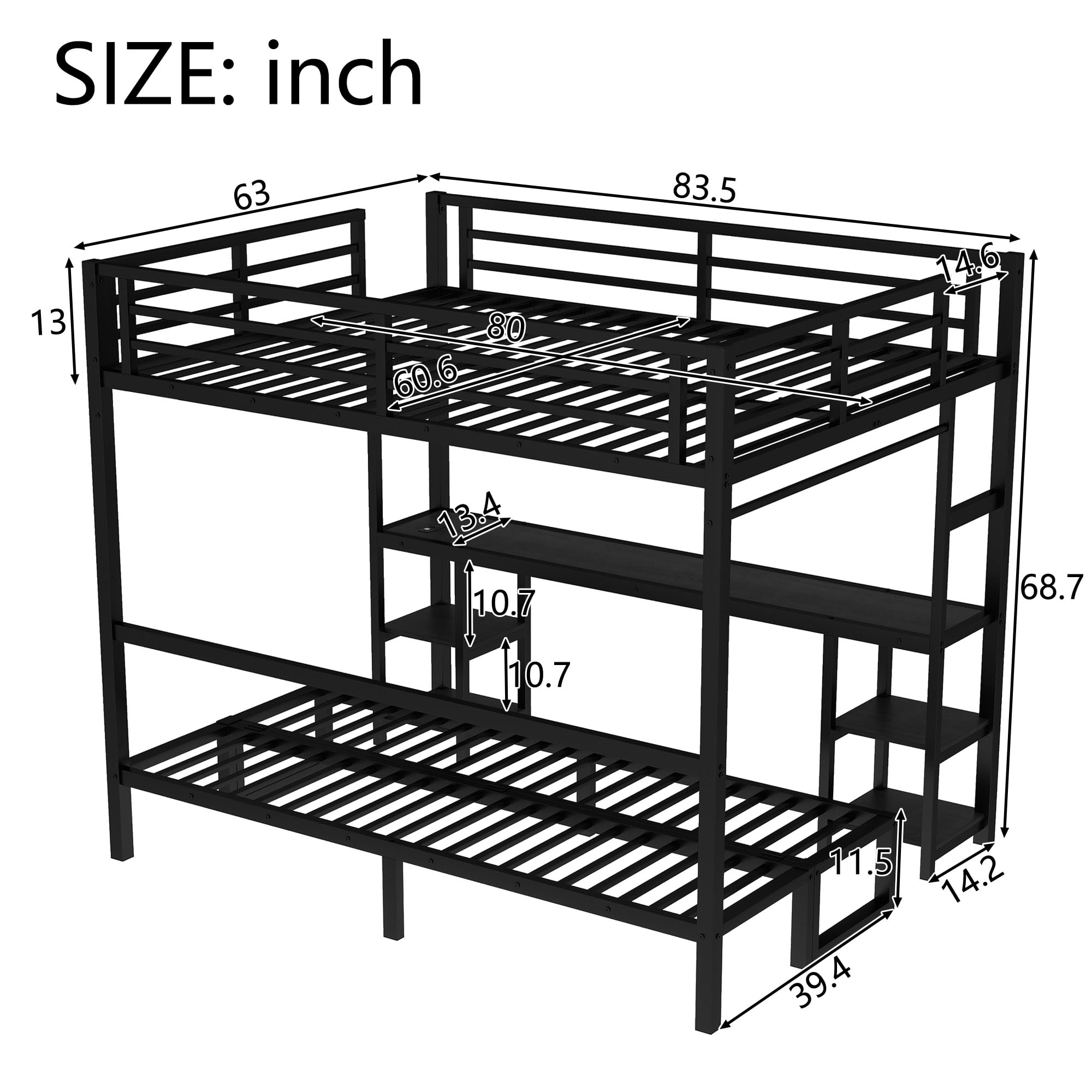 Bunk Bed with Desk, Queen over Twin XL Metal Bed, Loft Bed with Folding Sofa, LED Lights, USB, Storage Shelves, Folding Design, Black for Kids Bedroom Shared Room