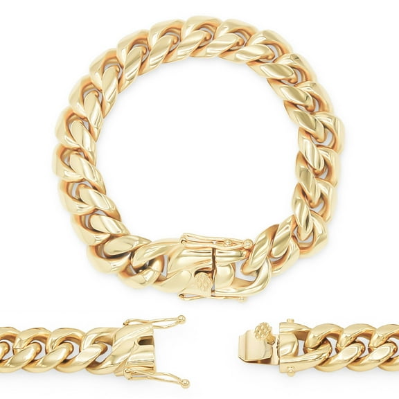 BEBERLINI Cuban Link Bracelet 14K Gold Plated Curb Chain 9" Stainless Steel Fashion Jewelry for Adult Men 16 mm