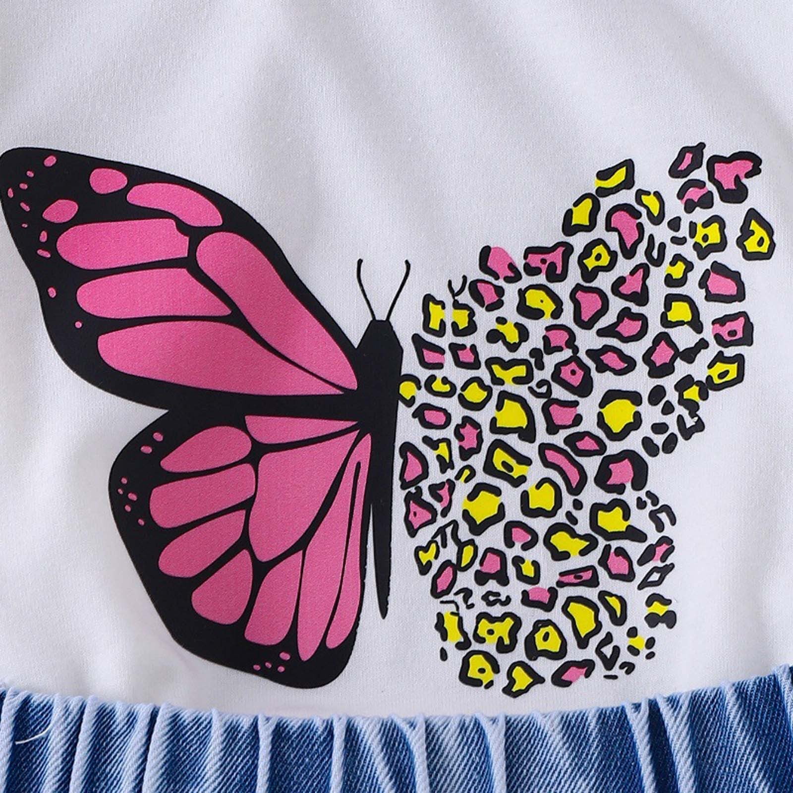 Utlike Girls Outfit Denim Shorts Sets Summer Print White T Shirt & Stretch Denim Shorts Set 2 Piece Casual Outfit For Toddler Kids Size 6 Years-7 Years