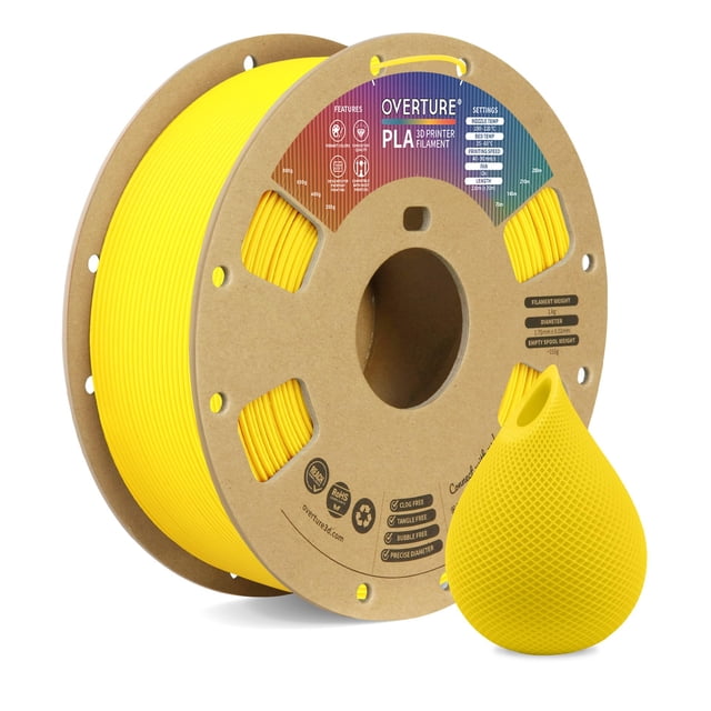 Filamento PLA OVERTURE de 1,75 mm, bobina de 1 kg (2,2 lb), precisión dimensional de 0,02 mm, compatible con la mayoría de impresoras 3D FDM (amarillo limón)