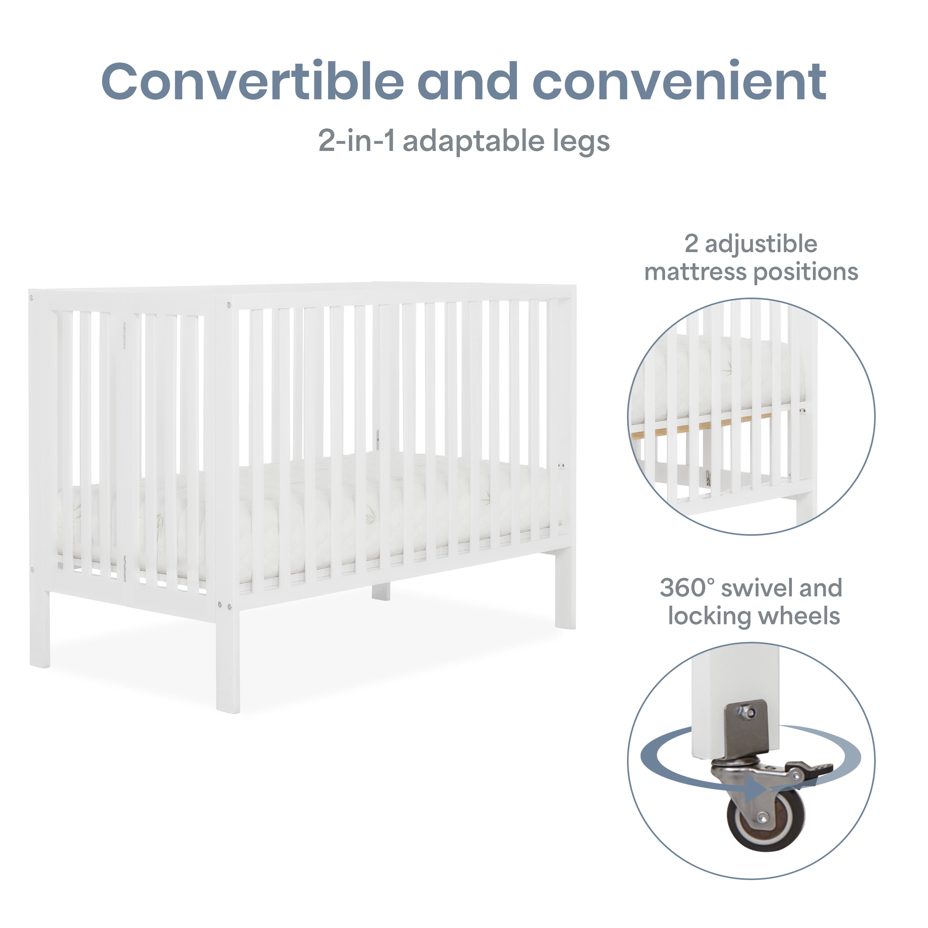 Dream On Me Quinn Full-Size Folding Crib, Removable Wheels, Modern Nursey, Adjustable Mattress Support, Patent Folding System in White