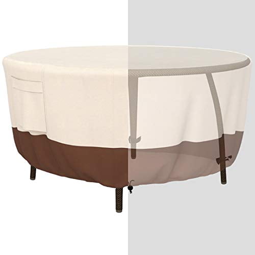 Tuyeho Patio Round Table Cover Dia 48 X 26 Inch 600d Heavy Duty Outdoor Dining And Chairs Set Waterproof Weather Resistant For Your Furniture Beige Brown 600d Heavy Duty Outdoor Dining Table, Outdoor Dining Furniture Covers
