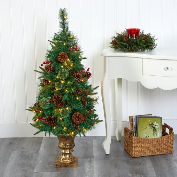 Nearly Natural 4' Pine, Pinecone and Berries Artificial Christmas Tree in Decorative Urn