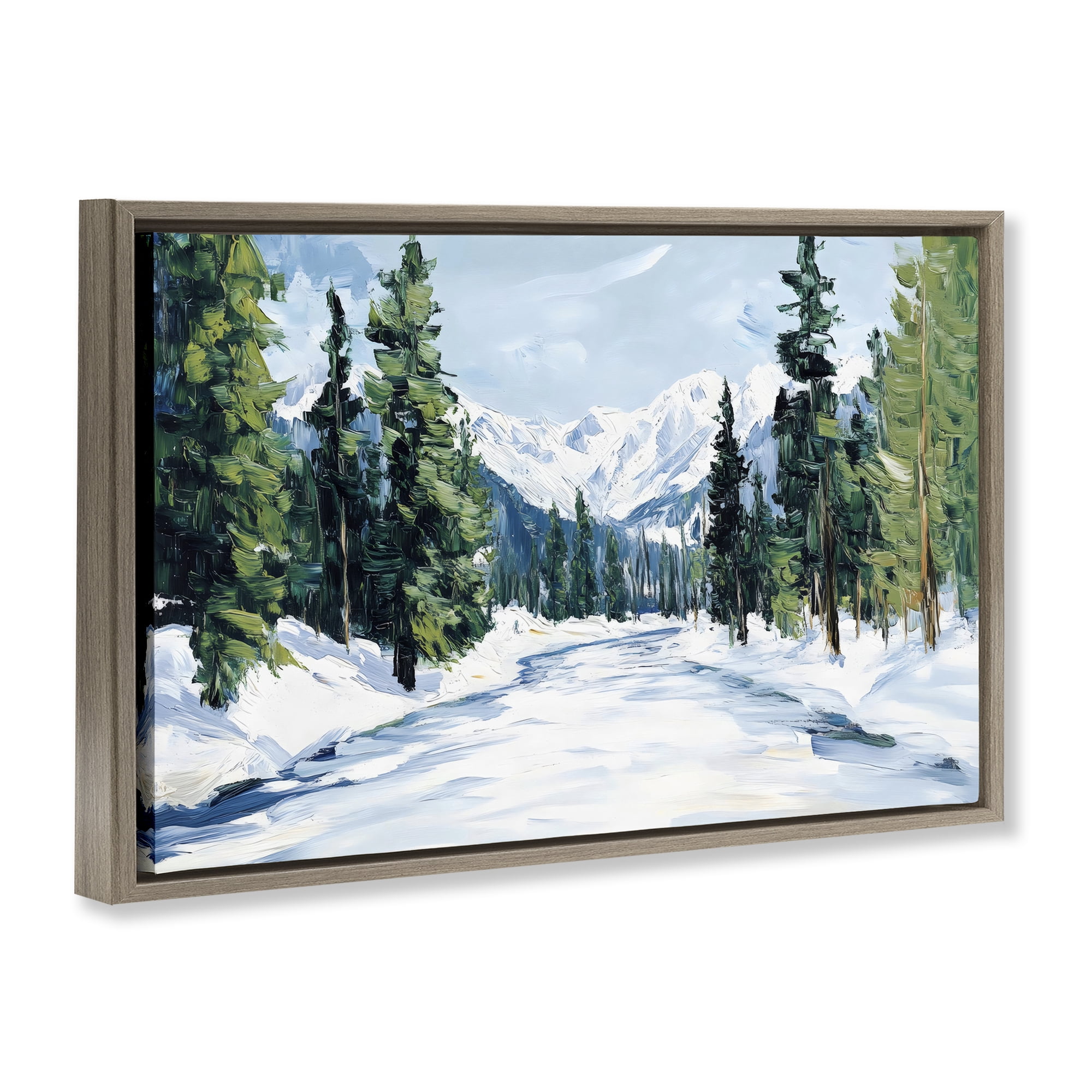 Snowy Tall Tree Pass Brown Framed Floater Canvas Wall Art, design by Petal Prints Design