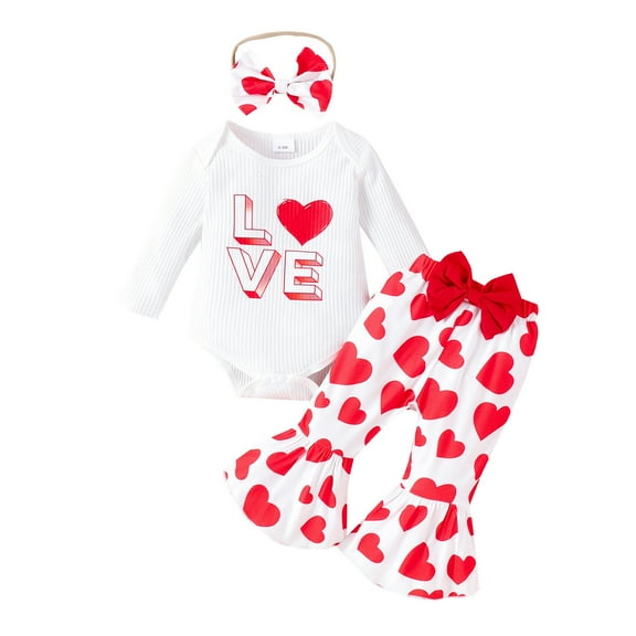 gjutow Newborn Baby Girl Clothes Letter Love Print Knit Long Sleeve Romper Love Print Flared Pants Hairband Valentine's Day Outfit for 3MBaby White