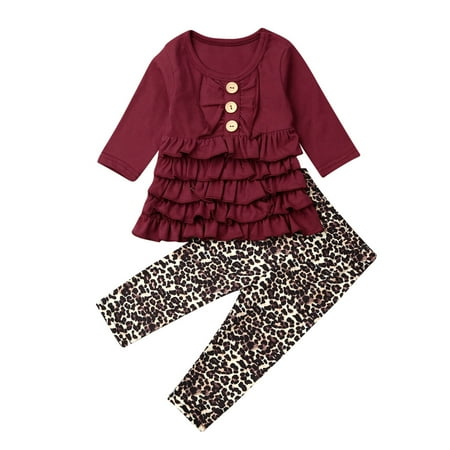 

Toddler Baby Girlacute;s 2-Piece Set Long Sleeve Round Neck Ruffle Button Tops + Leopard Print Trousers Red 18-24m