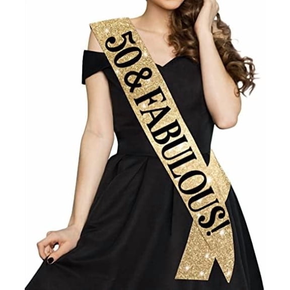 50th Birthday Sash, Gold Glitter 50 Birthday Sash, 50 & Fabulous Sash, 50th Birthday Gifts, Happy 50 Birthday Party Favor Supplies, Gold Birthday Sash with Black Lettering