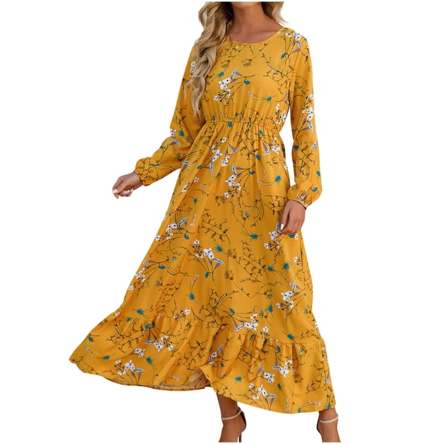 Cameland Robe d'Automne pour Femmes Décontractée Ample Imprimé Floral Manches Longues Col Rond Fluide Midi