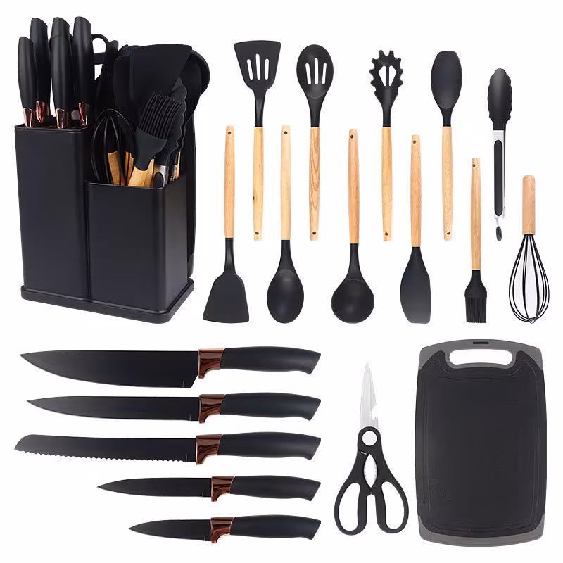 BLACK, variant on 19 Piece Kitchen Utensils Set, Knife and Kitchen Utensils Set, Silicone Spatula Set with Wooden Handle
