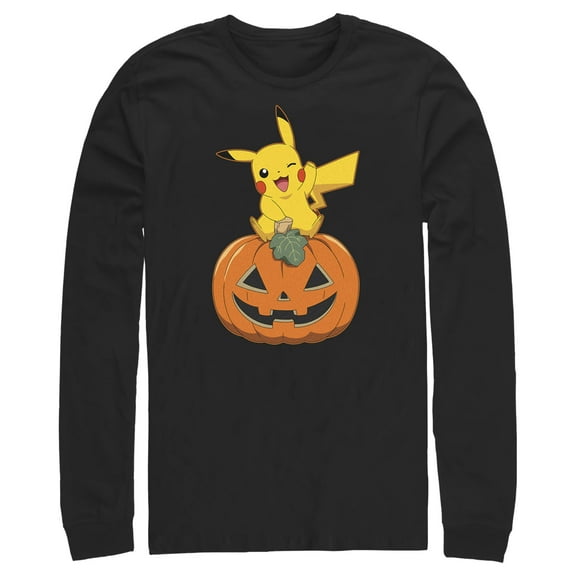 Men's Pokemon Halloween Jack-O'-Lantern Pikachu Long Sleeve Shirt Black Large