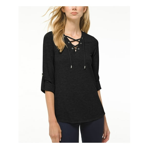 MICHAEL MICHAEL KORS Womens Black Embellished Lace-up 3/4 Sleeve V Neck Top M