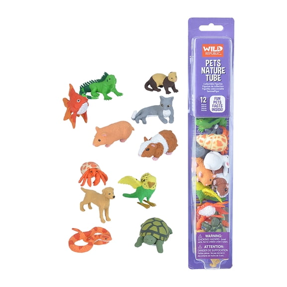Wild Republic Pets Figurines Tube, Turtle, Guinea Pig, Snake, Hamster, Hermit Crab, Yellow Lab, Ferret, Iguana, Rabbit, Parakeet, Gold Fish, Grey Cat