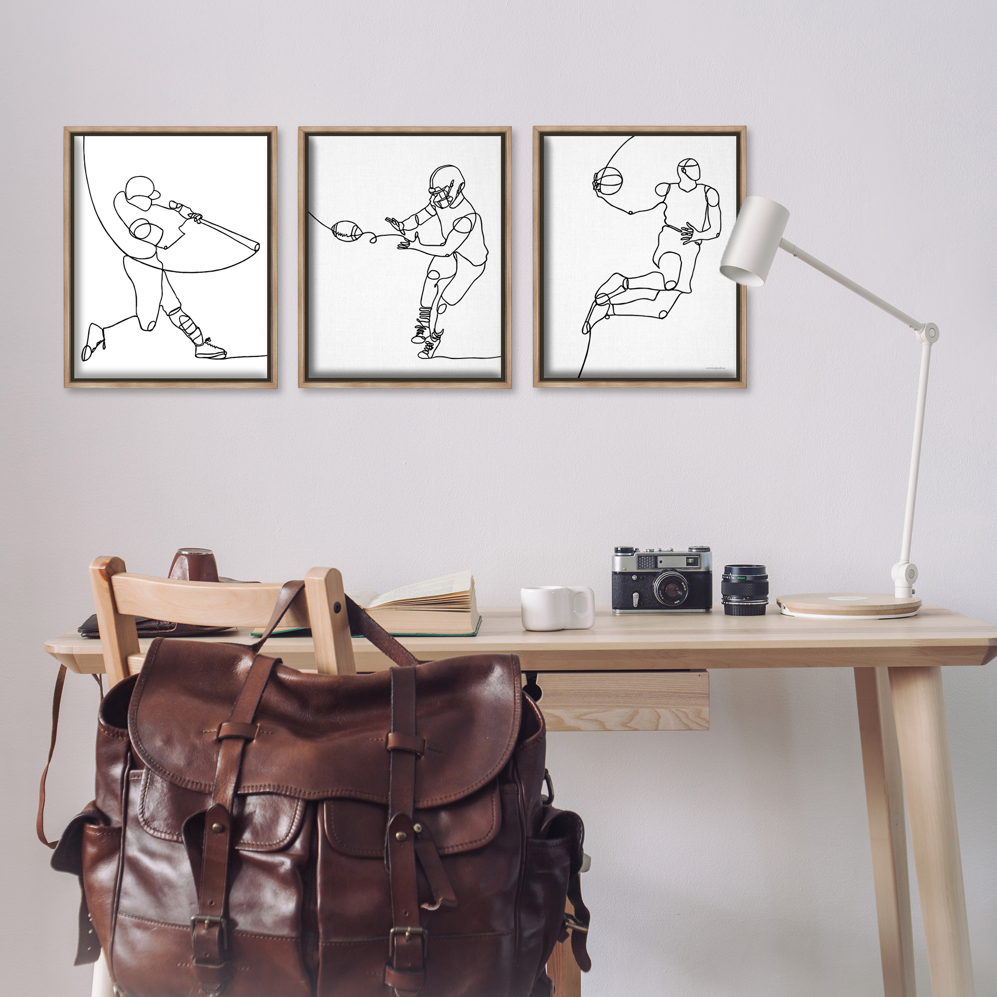 Stupell Industries Simple Line Doodle Playing Sports Sports Painting Brown Floater Framed Canvas Art Print Wall Art, 17 x 21, Set of 3