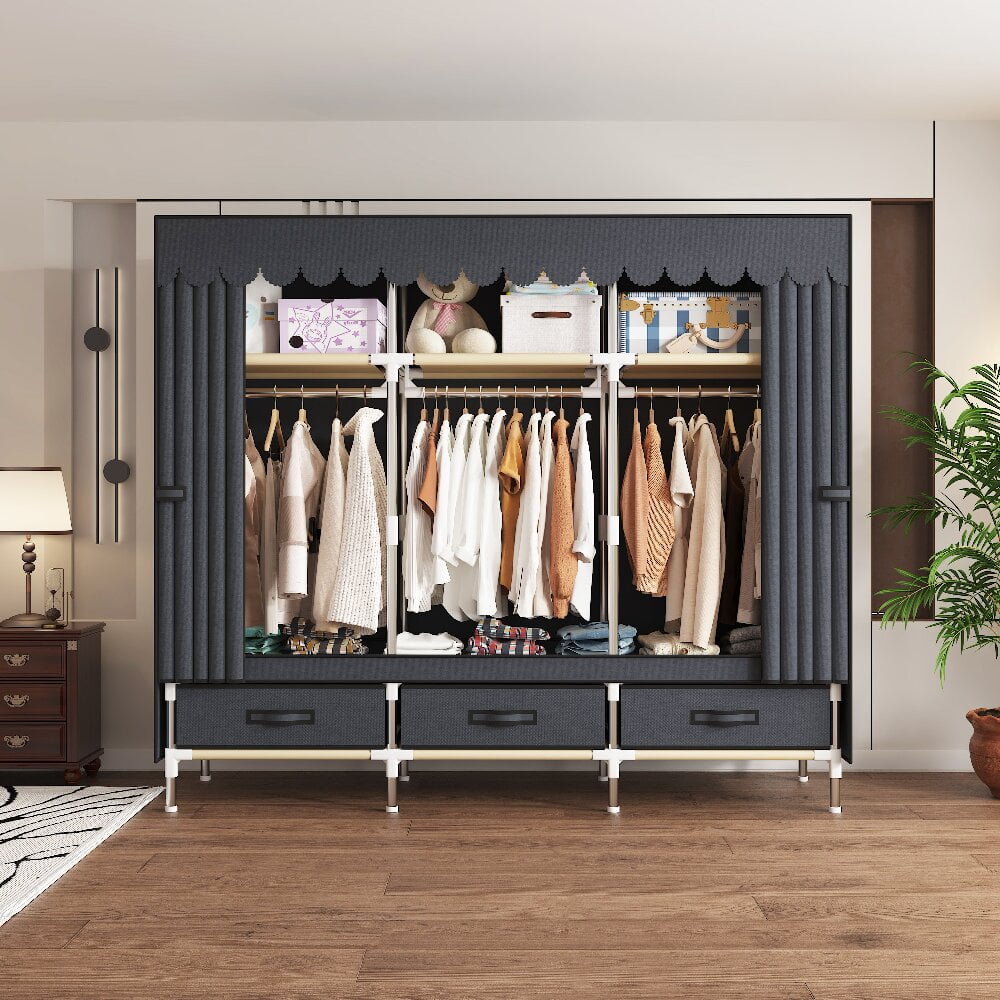 ArluKin 59Inch Portable Wardrobe Closet, 3 Storage Spaces with 3 Hanging Rods,3 Drawers，Steel Frame Fabric Organizer, Easy Assembly and Dust Resistant Design, Gray