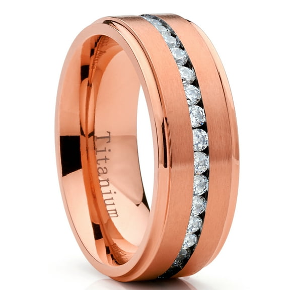 Metal Masters 7mm Mens Eternity Titanium Ring Rosegold-tone Wedding Band Cubic Zirconia Cz
