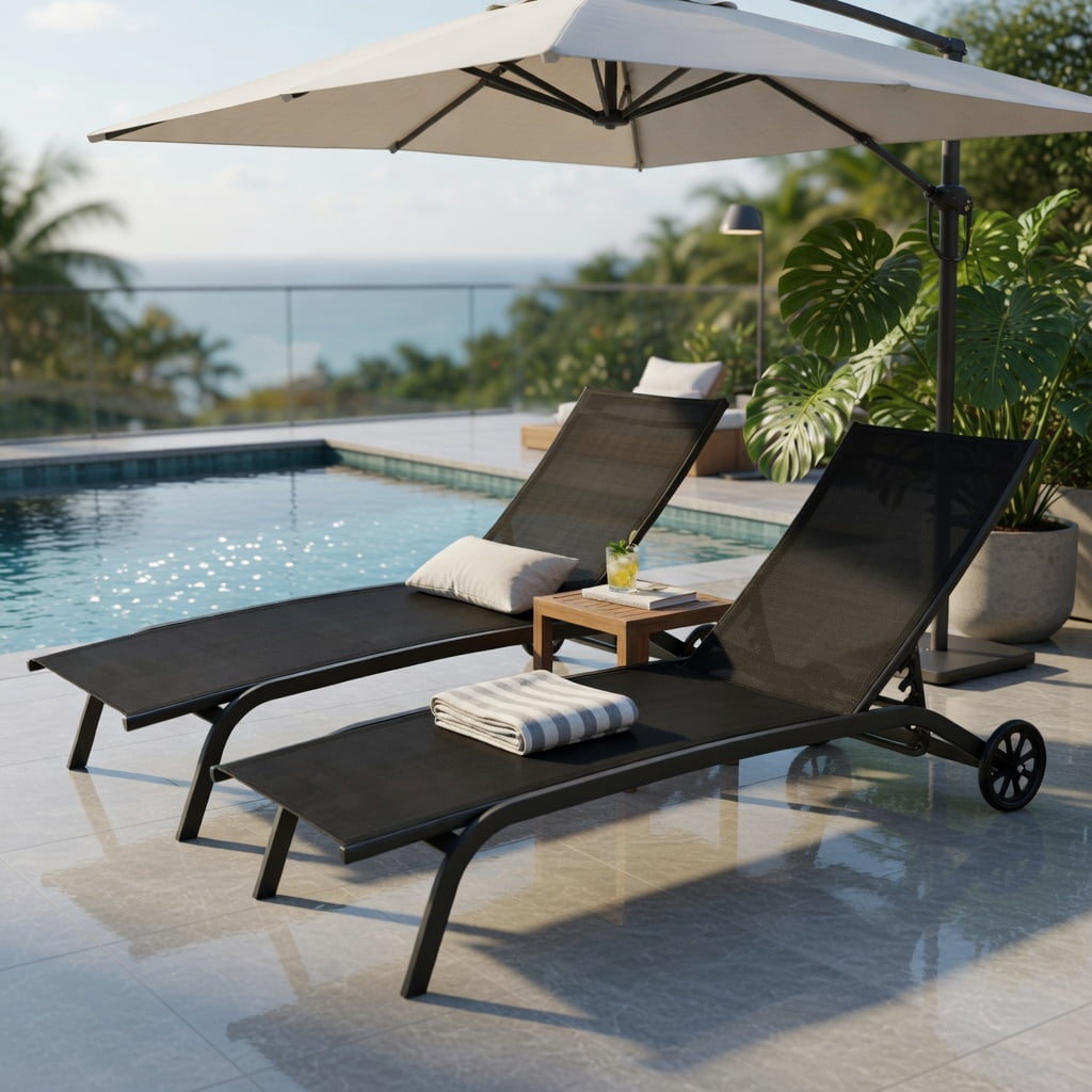 Hommoo 6-Position Adjustable Outdoor Chaise Lounge Chair with Smooth-Rolling Wheels, Steel Frame for Patio, Poolside & Backyard, Black