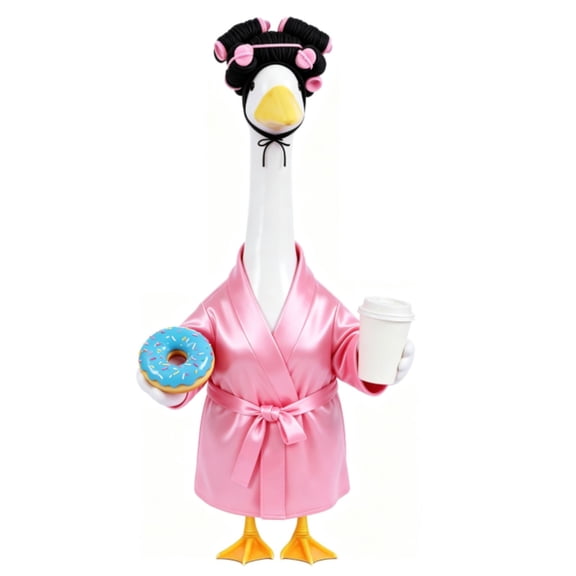 Lady Porch Goose Outfits,Bathrobe Porch Goose Statue Costume with Curlers Coffee Cup Towel,Cute Goose Clothes for 23-Inch Cement or Plastic Statue,Lawn Yard Garden Patio Decor(Pink)