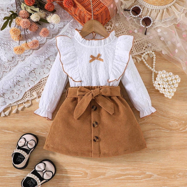 RXIRUCGD Ensemble Jupe à Manches Longues Col Rond Mode Printemps et Automne pour Fille (Kaki, Taille: 2 Ans)