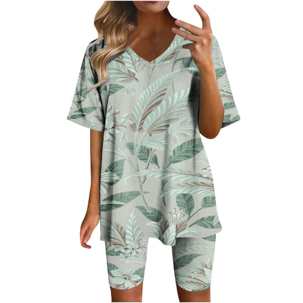 Blusas para Mujeres Casual Cuello en V Impresión de Manga Corta Blusa Y Pantalones Cortos Dos Piezas Pantalones Conjunto