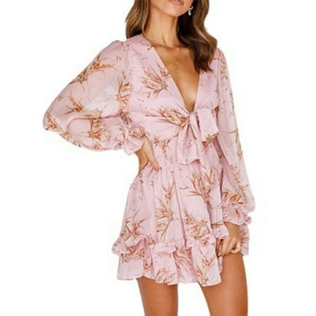 

Amuver Female Dress Adults Flower Print Deep V-Neck Long Sleeve Ruffled One-Piece for Ladies S/M/L/XL