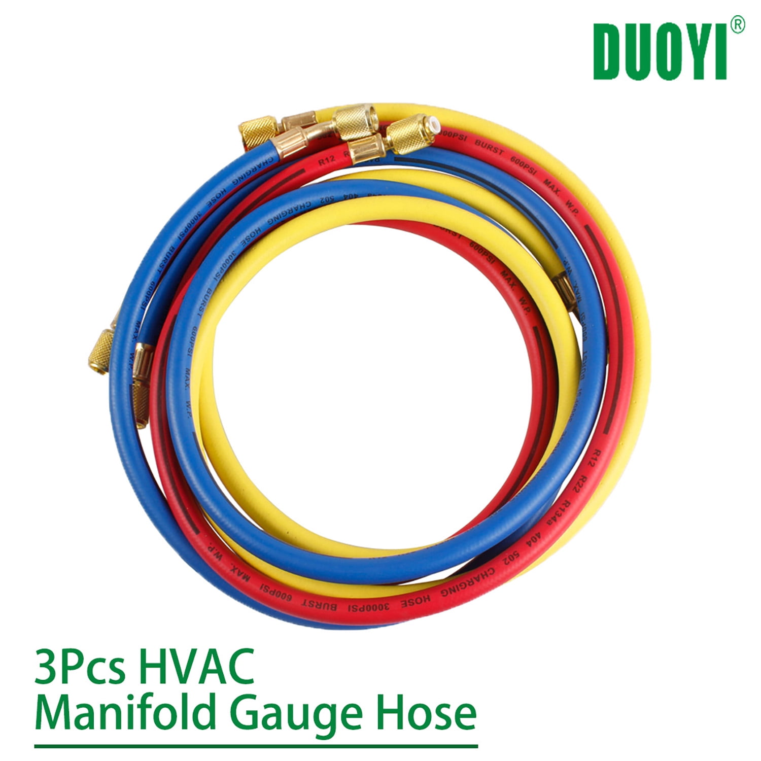 DUOYI 3Pcs HVAC Manifold Gauge Hose Kit, 3Color 60" AC Refrigerant