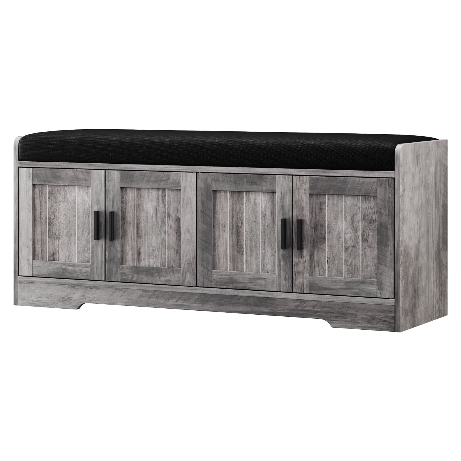 Storage Bench with 2 inch Thick Padded Cushion, 4 Doors, Adjustable Shelf, Shoe Storage, Gray