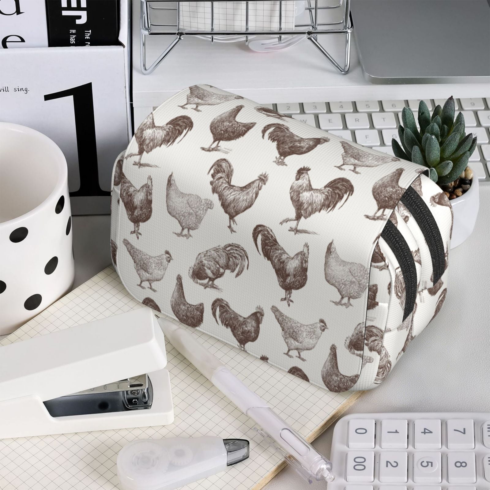 Rateoe Chickens Pattern Double Clamshell Pen Case, Storage Organizer with Two Zipper Compartments– Holds Up to 50 Pencils & Pens