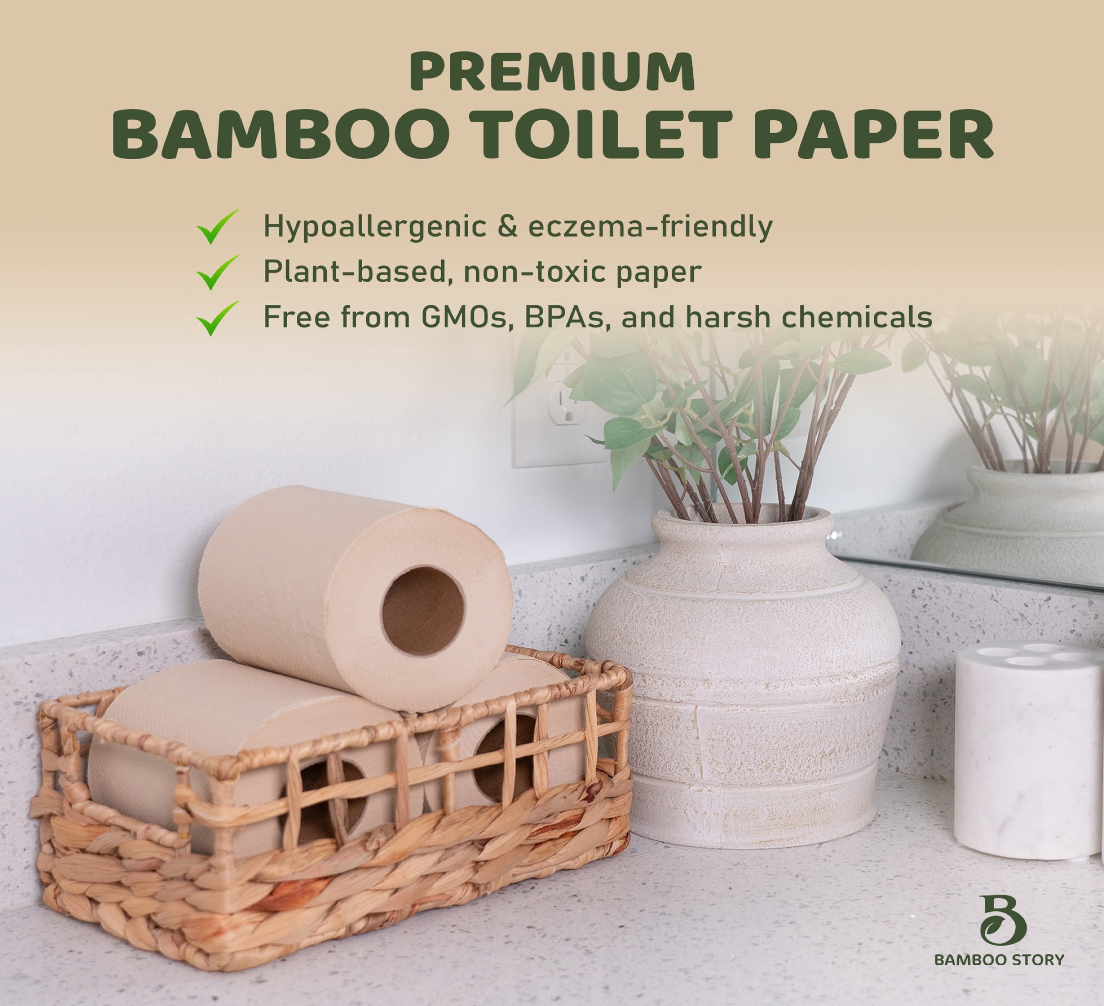 Bamboo Story Bamboo Toilet Paper Unbleached – 6 Rolls, 3-Ply, 350 Sheets | Hypoallergenic, Chemical Free, Septic Safe, FSC Certified | Non Toxic, Natural Bamboo Tissue