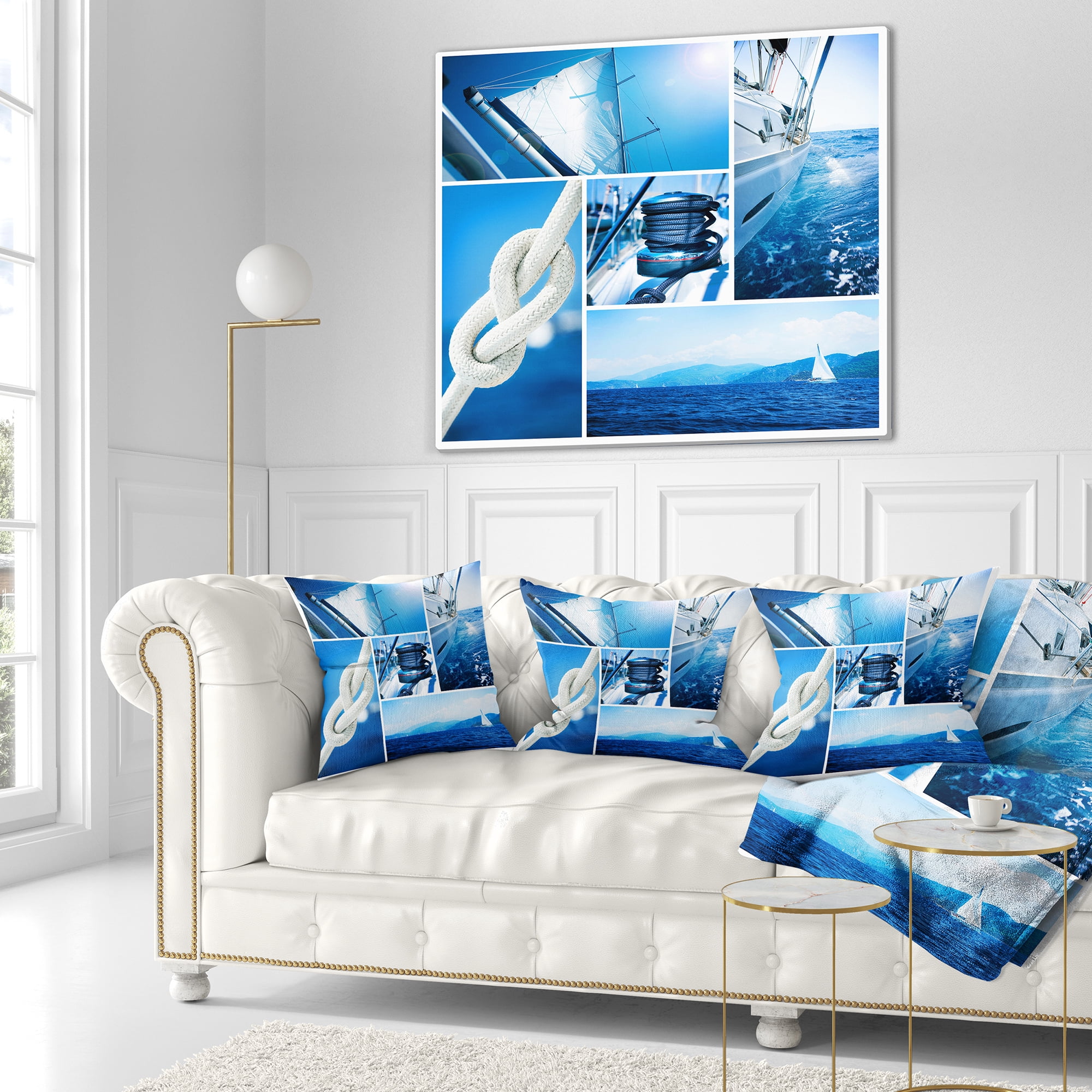 Designart Sailing Yacht in Blue Sea Collage - Seashore Throw Pillow - 18x18