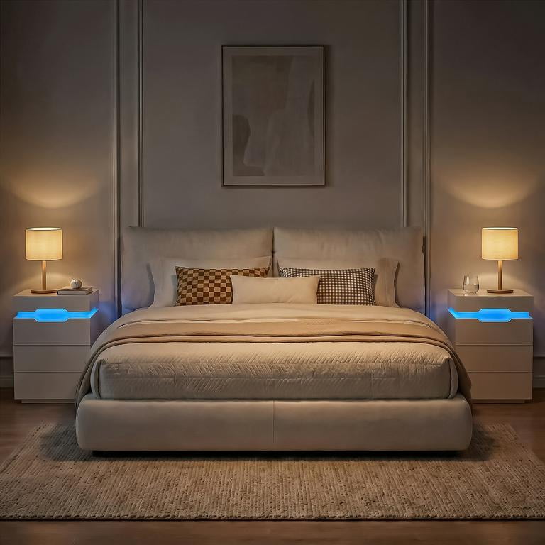 Lacoo Modern End Table Set of 2 with LED Lights & Charging Station, White Nightstand with 3 Drawers & Upper Storage for Living Room Bedroom, 3 Drawer