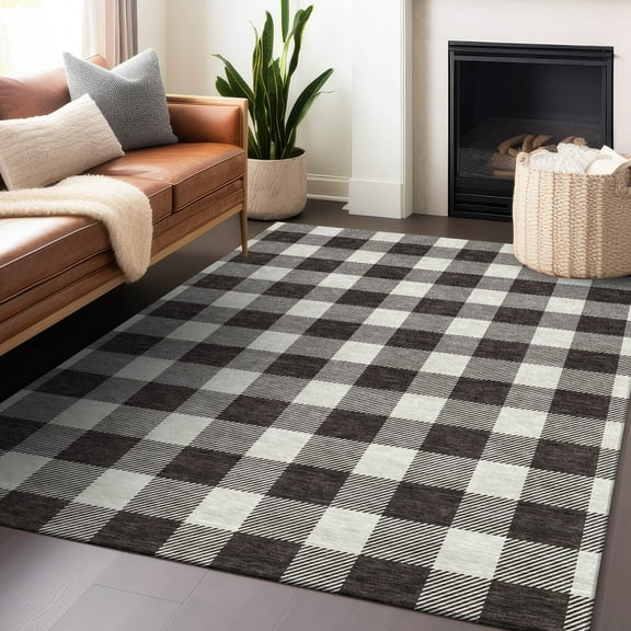 Addison Rugs Chantille Indoor/Outdoor Transitional Plaid Black Washable Rectangle Rug, 8' x 10'