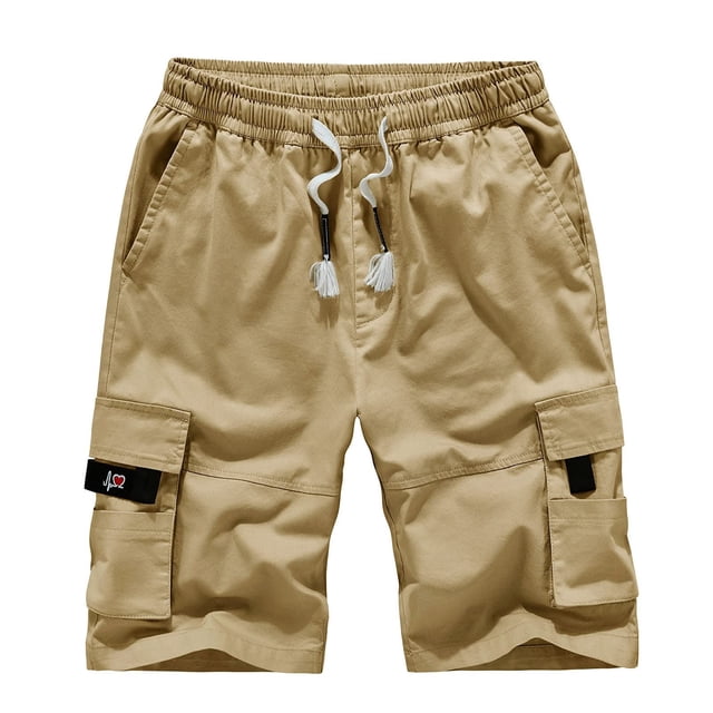 Men Plus Size Cargo Shorts Solid Color 5 Inch Pants Casual Elastic Waist Relaxed Fit Multi Pockets Drawstring Half Trousers
