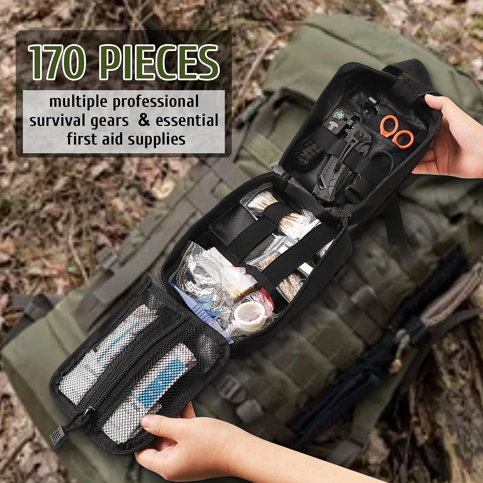 First Aid Kit  170 Kits Trauma With Gear Emergency Supplies For Hiking Camping Backpacking Outdoor Adventure Gifts Christmas Him Dad Men