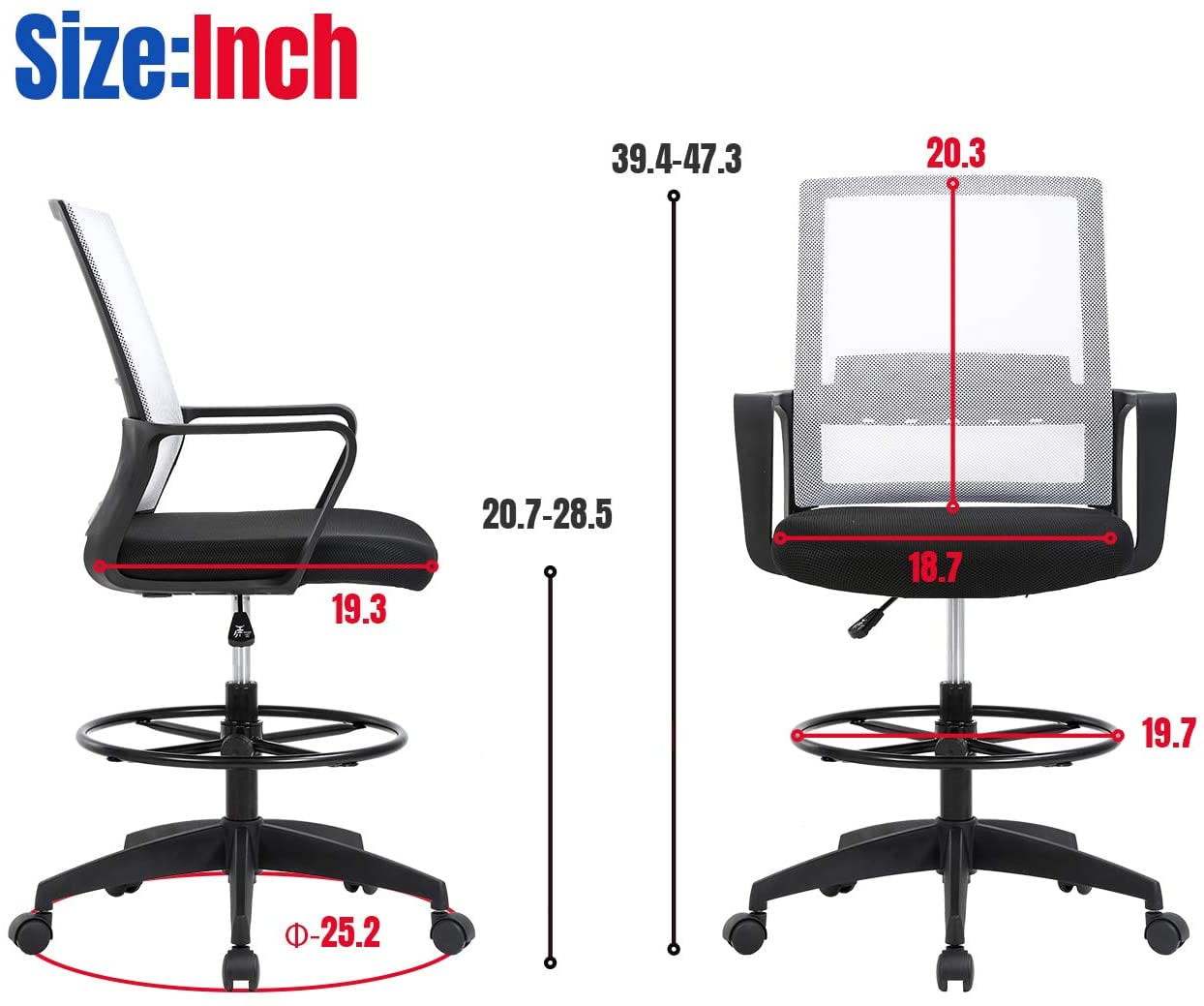 BestOffice Tall Drafting Office Chair, Lumbar Support, Adjustable Arms, Swivel Rolling for Adults(White)
