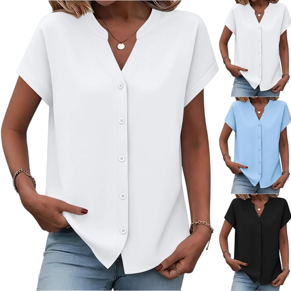 Button Down Shirts for Women Short Sleeve Tops V Neck Collar Blouses Business Casual Outfits White M