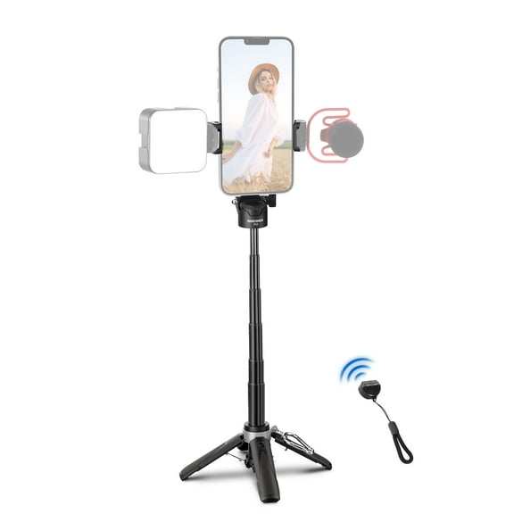 Neewer P15 Black Selfie Stick - Bluetooth Remote, 360° Phone Holder & Cold Shoe for iPhone YouTube/TikTok, Foldable Tripod