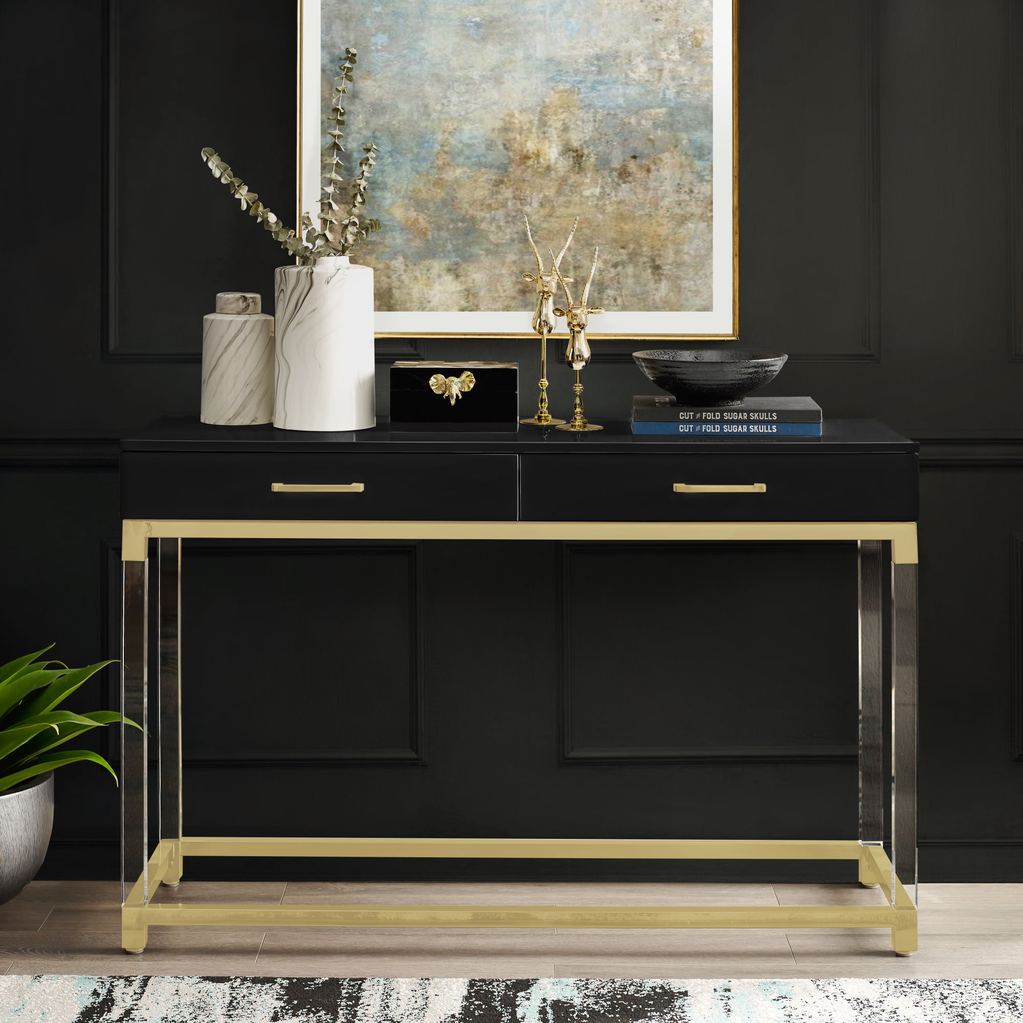 Alena Black Console Table- 2 Drawers | High Gloss | Acrylic Legs | Gold
