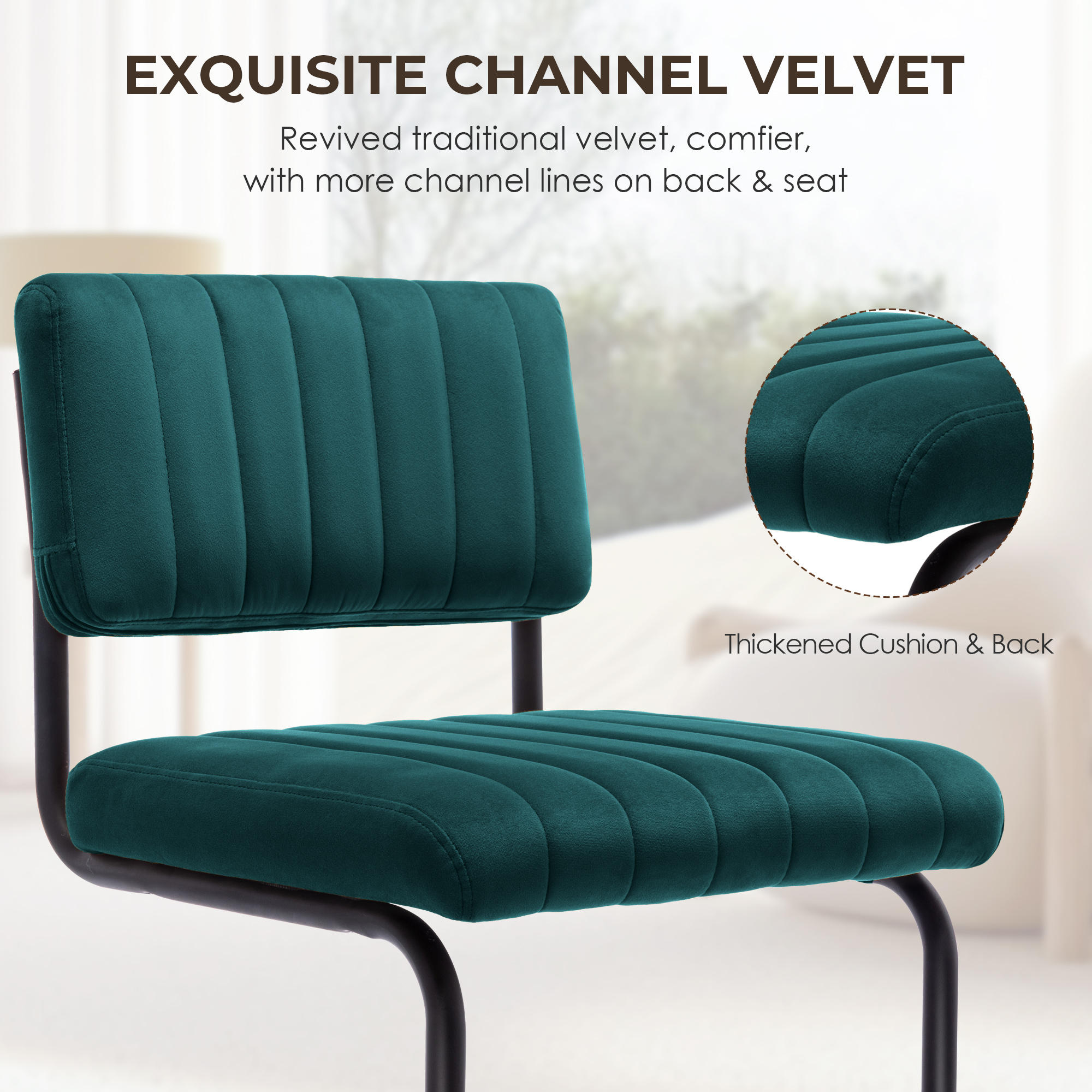 Zesthouse Mid Century Modern Dining Chairs Set of 2, Velvet Upholstered Dining Room Chairs with Metal Legs, Tufted Channel Kitchen Chairs for Dining Living Room, Teal