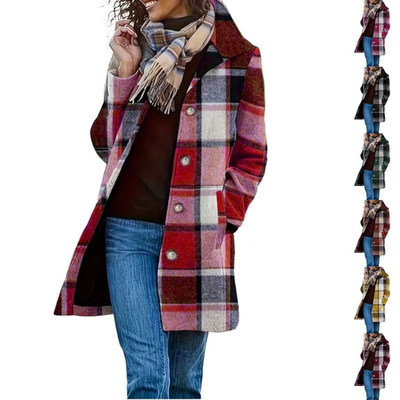 Winter Coats for Women Plus Size Turndown Collar Long Sleeve Plaid Mid Length Warm Comfortable Coat with Pockets for Fall Winter Casual Outdoor