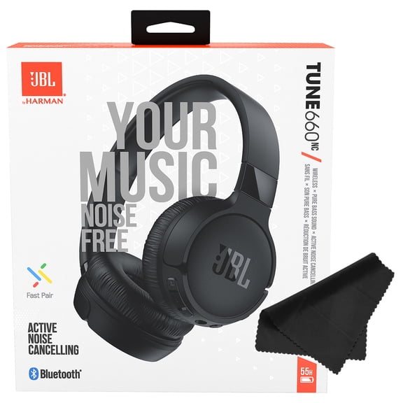 JBL Tune 660NC Wireless Bluetooth On-Ear Stereo Headphones with Active Noise Cancelling - Black - Voice Assistant - with Cleaning Cloth - Sold without manufacturer warranty