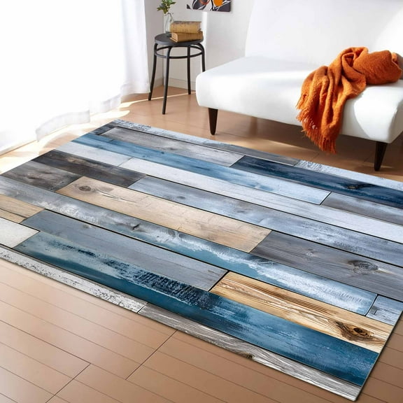 Area Rugs Indoor Non-Slip Rectangle Rug 5x7 Ft Vintage Blue Stitching Wood Grain Farmhouse Rug Rubber Backing Floor Mats Non Shedding Home Decor Carpet for Entryway Living Room