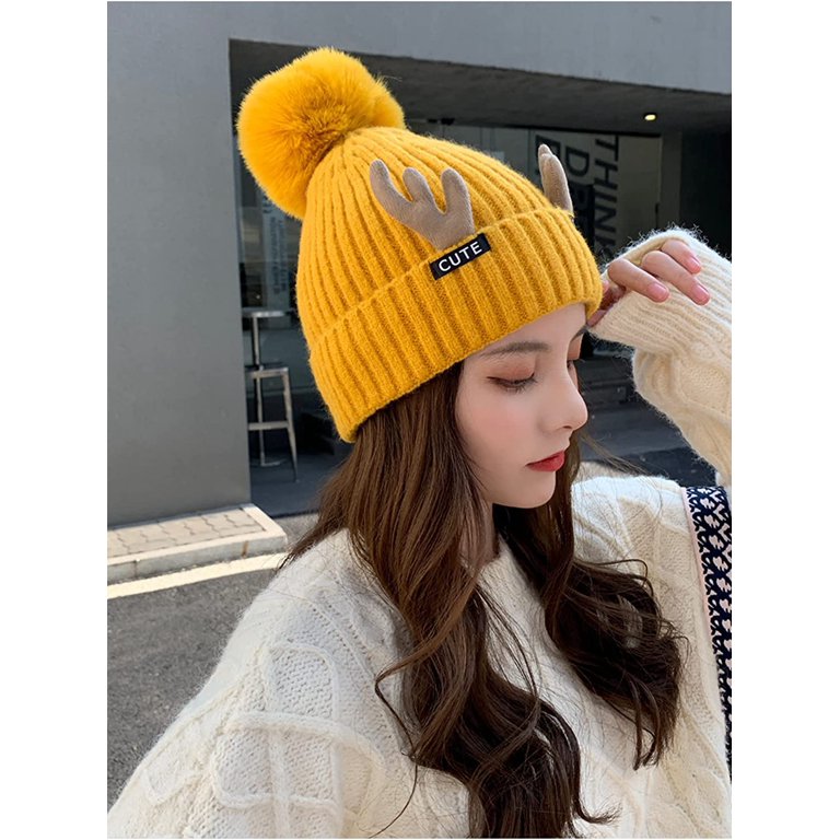 CoCopeaunt Women Kawaii Antlers Knit Bobble Beanie Hat Cute