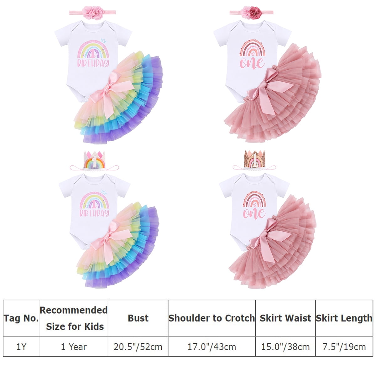 Boho Rainbow 1st Birthday Outfit for Baby Girl One Year Old Party Cake Smash Photo Shooting Cotton Short Sleeve Romper Princess Tutu Tulle Skirt Crown Headband 3pcs Set