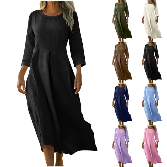 NXMZXB 3/4 Sleeve Cotton Linen Boho Maxi Dresses for Women Lightweight Casual Round Neck Beach Vacation Sundress Trendy Holiday Classic Long Pleated Tshirt Dress Army Green M