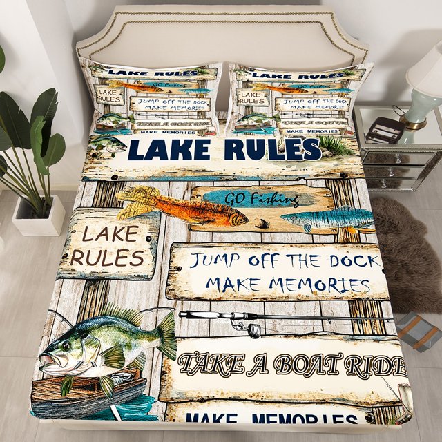 Erosebridal Drap-Housse Poisson Pêche Taille Complète, Ensemble de Literie Chasse Rustique Taille Complète, Décoration Maison Lac Rétro 3 Pcs (Sans Drap Plat)