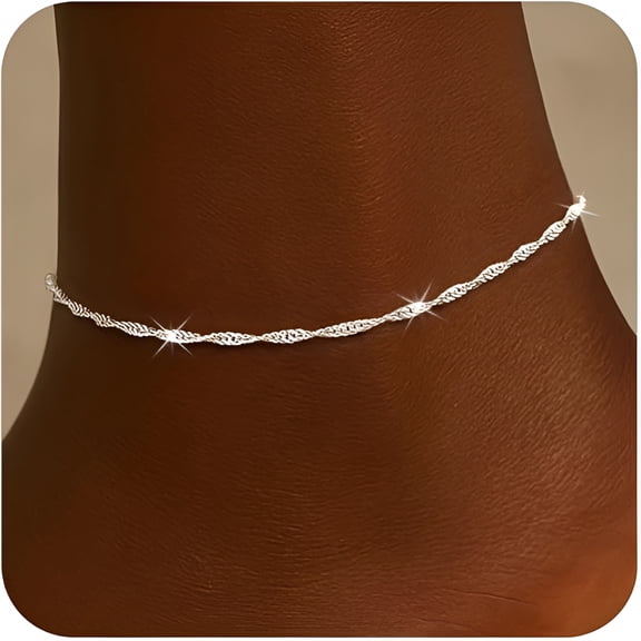 DESIGNICE Ankle Bracelets for Women Trendy Silver Plated Anklets for Women Waterproof Dainty Twist Cuban Link Satellite Bead Chain Anklets Non Tarnish Summer Beach Adjustable Anklet Jewelry Gift
